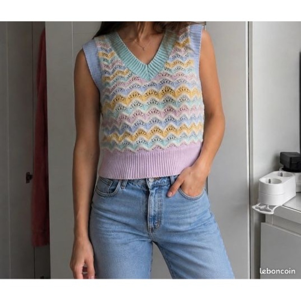 Zara Sweater Vest Pastel Chevron Open Knit V-Neck Small Soft Girl Preppy Boho